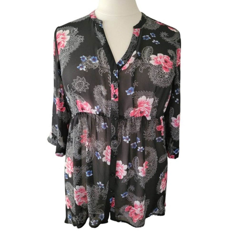 Torrid Floral Paisley Button Front Tunic Top Womens 1 Black Pink Sheer